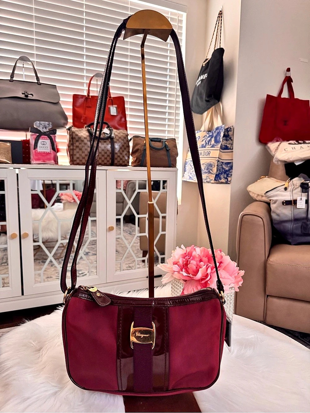 Salvatore Ferragamo Vera Nylon and leather Shoulder Bag comes with COA